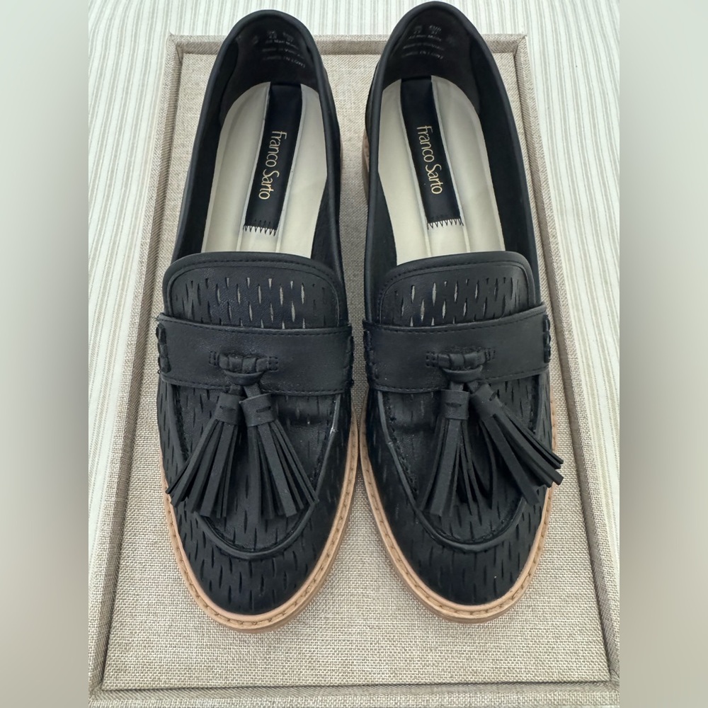 Franco Sarto Black Tassel Loafers with Tan Sole